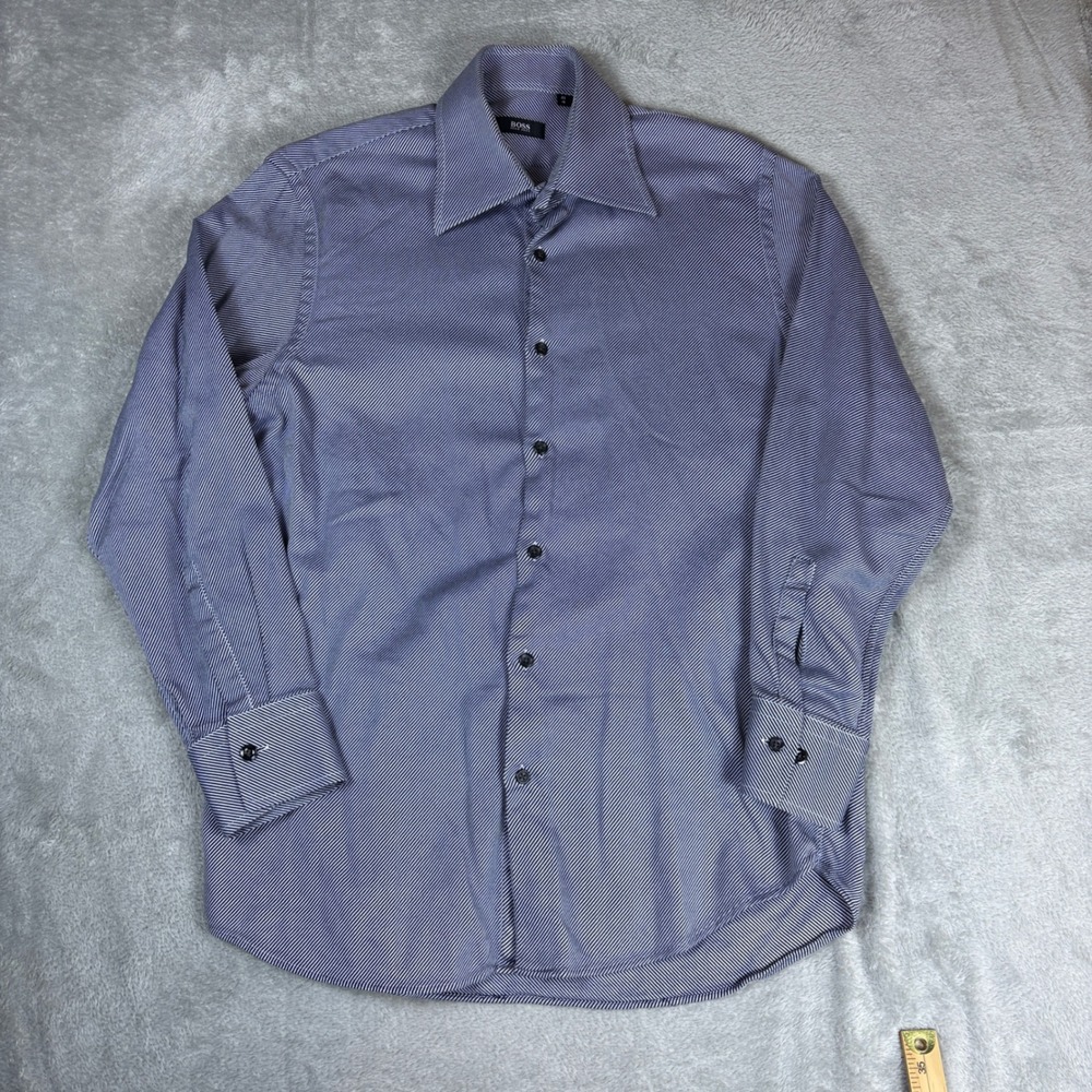 Hugo Boss Shirt Mens 16 Dress Long Sleeve Micro Stripe Blue White Business